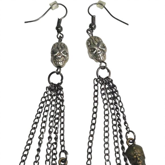 Skeleton Skull Cross Silver Tone Dangle Tassel Earrings Day of Dead Gothic - Picture 3 of 7